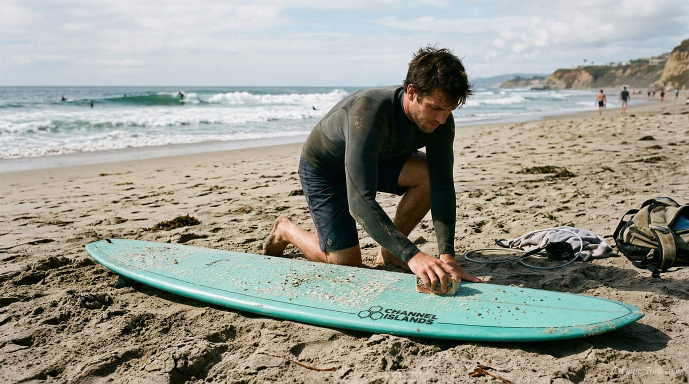 Surfer waxing board on sand — AI-generated images image