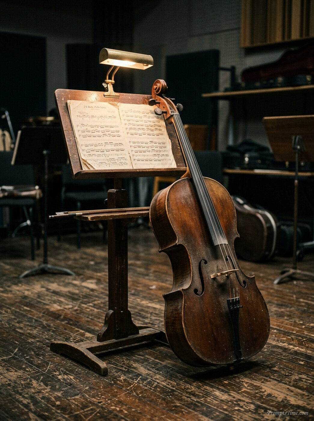 Cello leaning against music stand — AI-generated images image