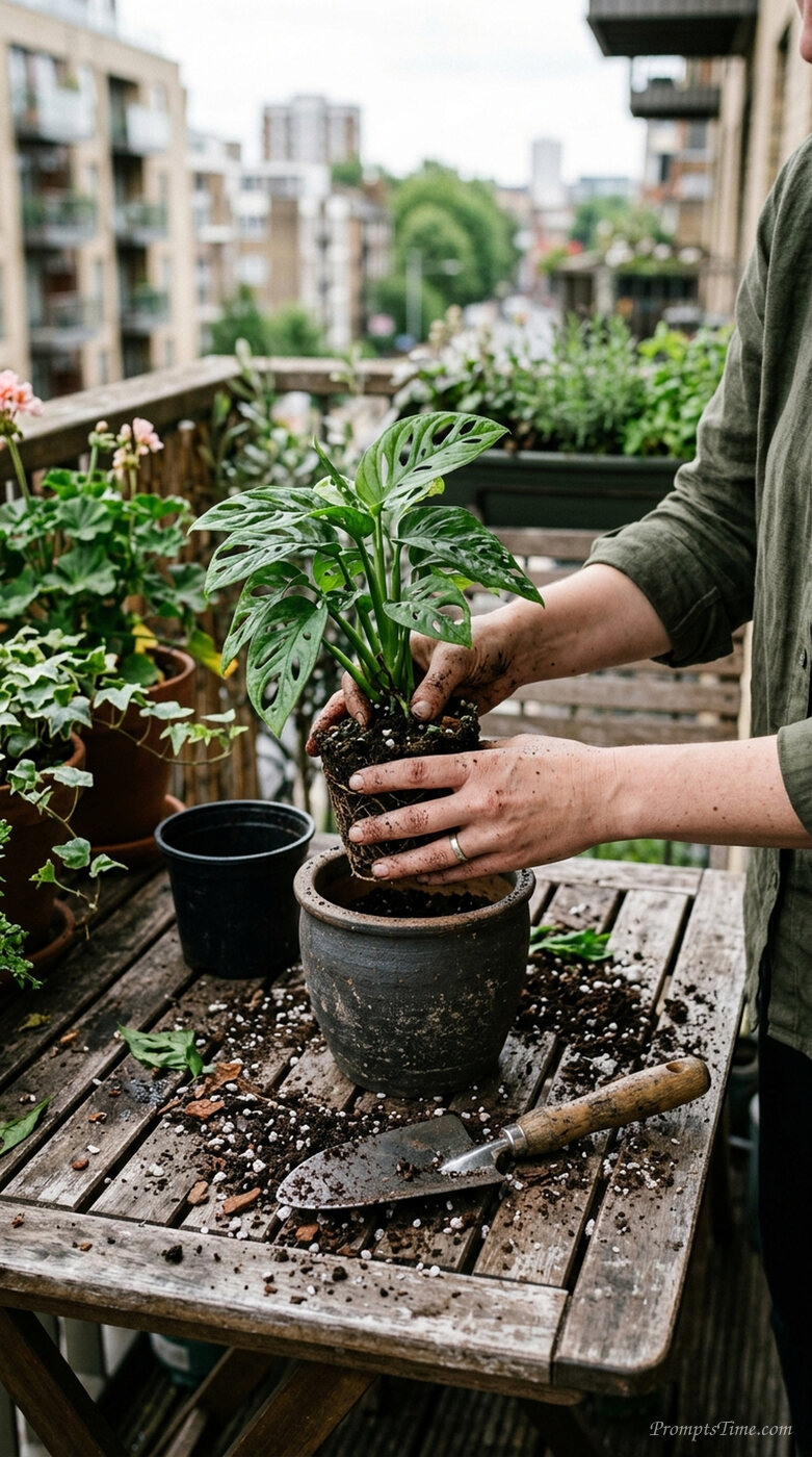 Hands repotting plant on balcony — AI-generated images image