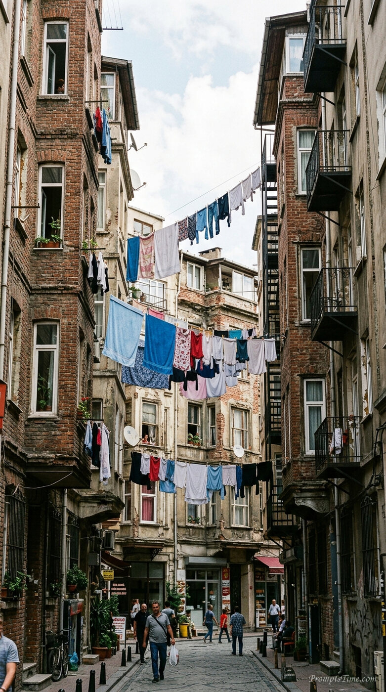 Laundry hanging between city bui… — AI-generated images image