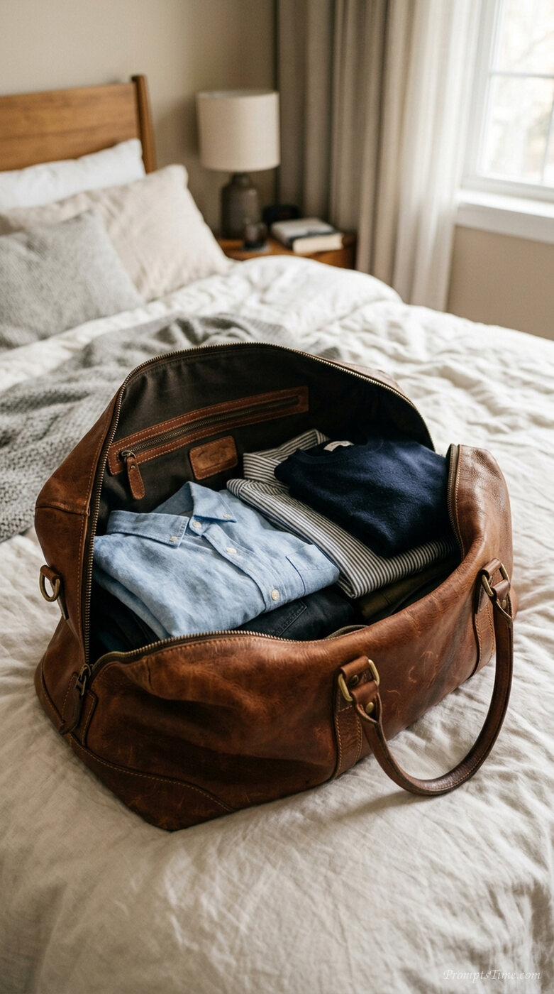 Leather travel bag on bed — AI-generated images image