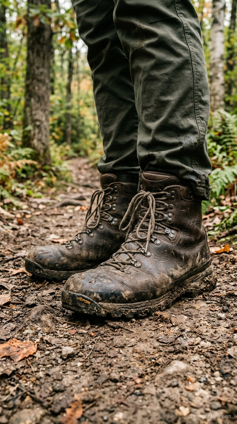 Worn leather boots on trail — AI-generated images image