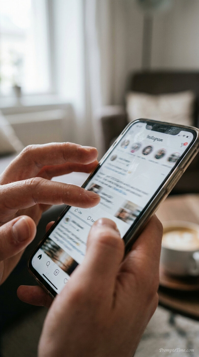 Hands scrolling on smartphone sc… — AI-generated images image