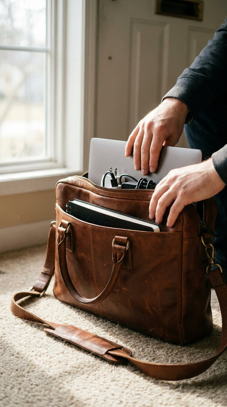 Hands packing laptop bag — AI-generated images image