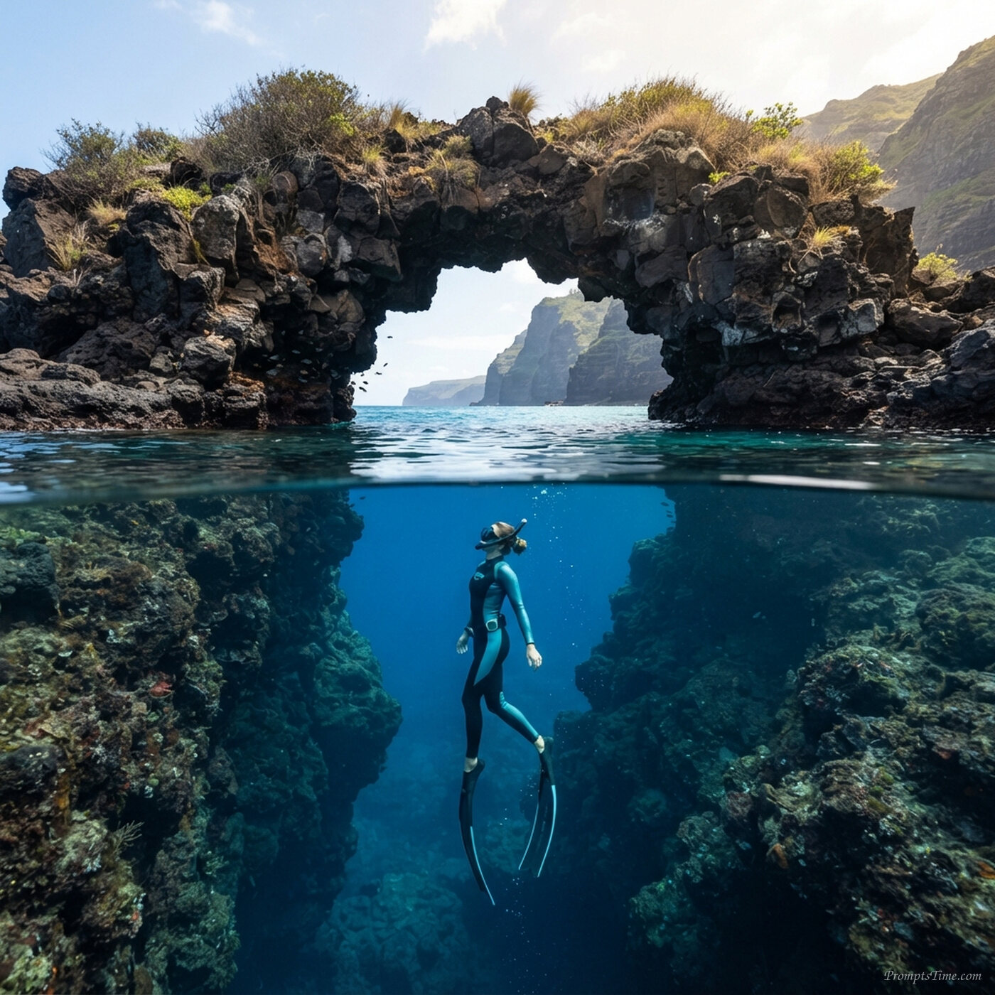 Free diver descending through ro… — AI-generated images image