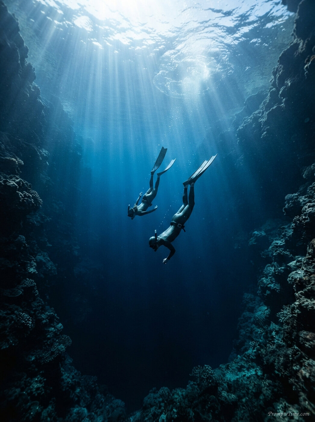 Free divers descending deep blue… — AI-generated images image