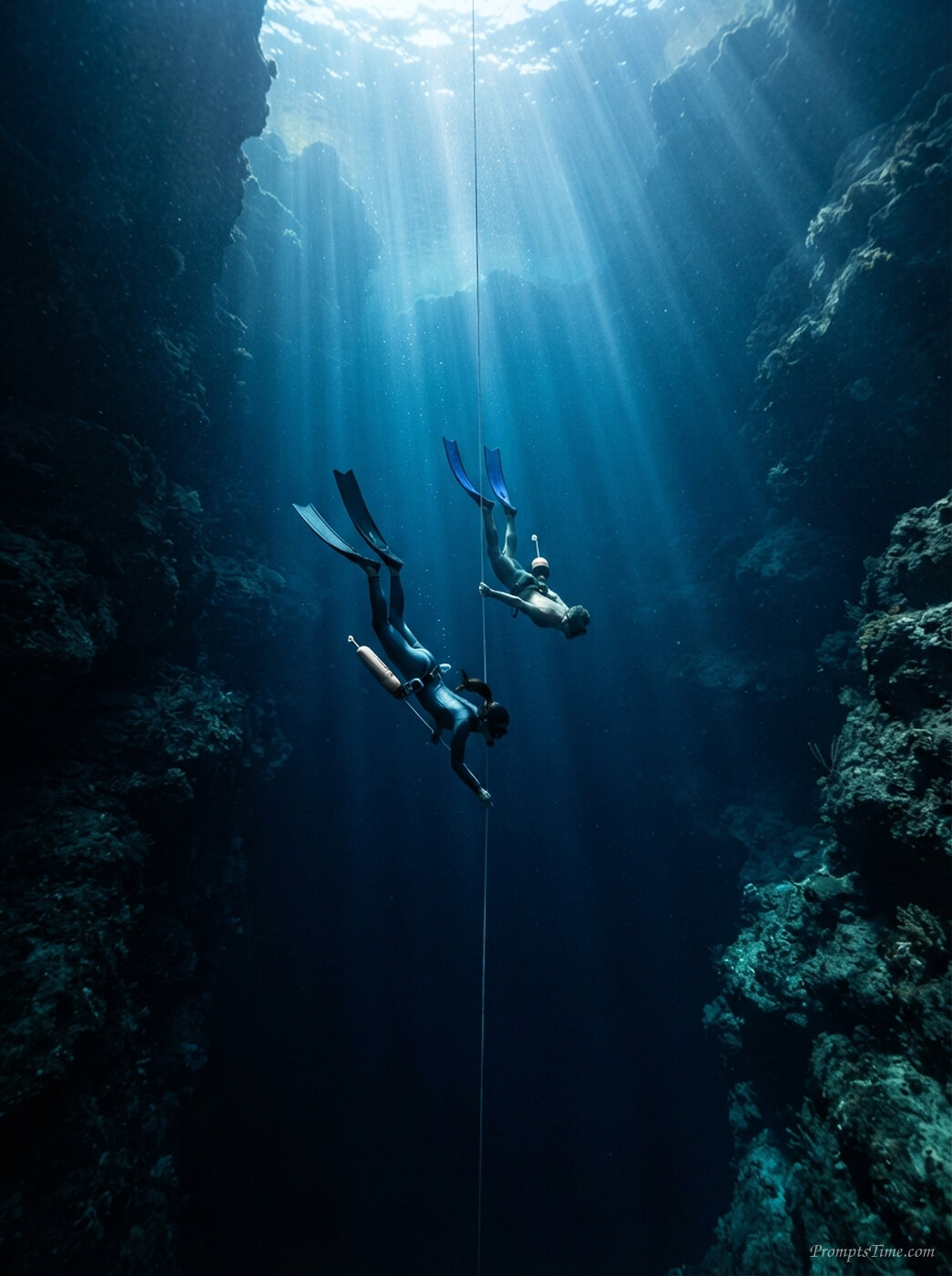 Free divers descending into blue… — AI-generated images image