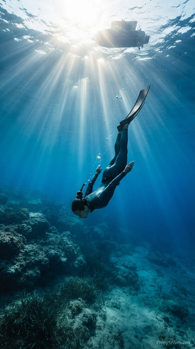 Woman free diving in underwater … — AI-generated images image