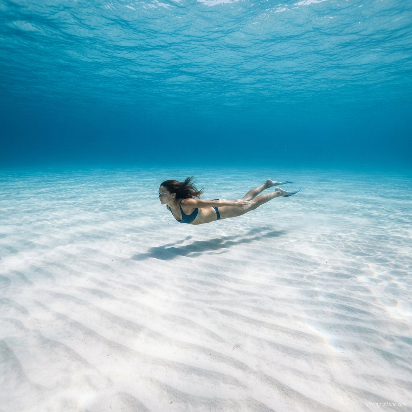 Woman free diving over lagoon floor — AI-generated images image