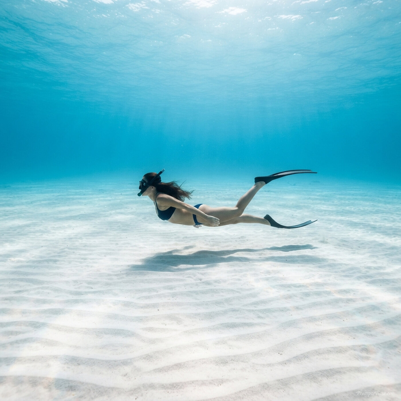 Woman free diving over lagoon floor 2 — AI-generated images image