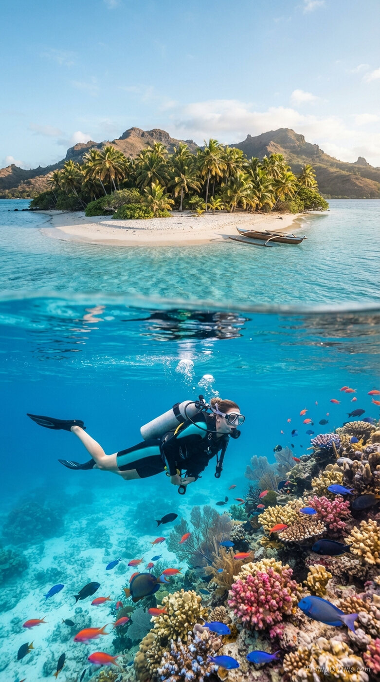 Diver swimming toward coral garden — AI-generated images image