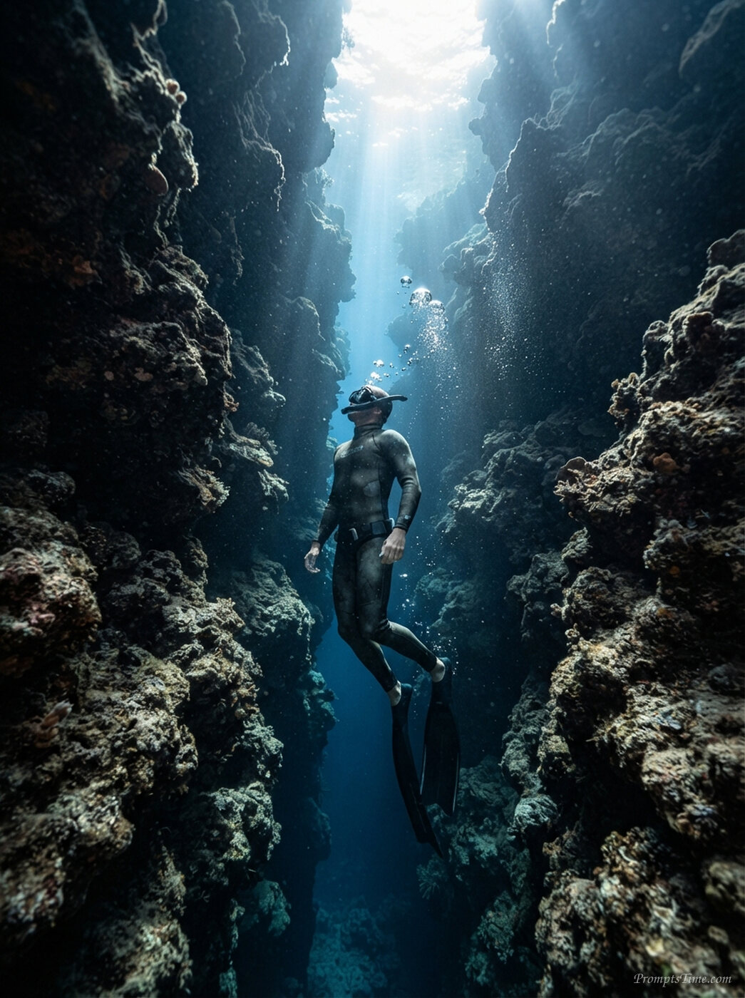 Man exploring coral fissure — AI-generated images image
