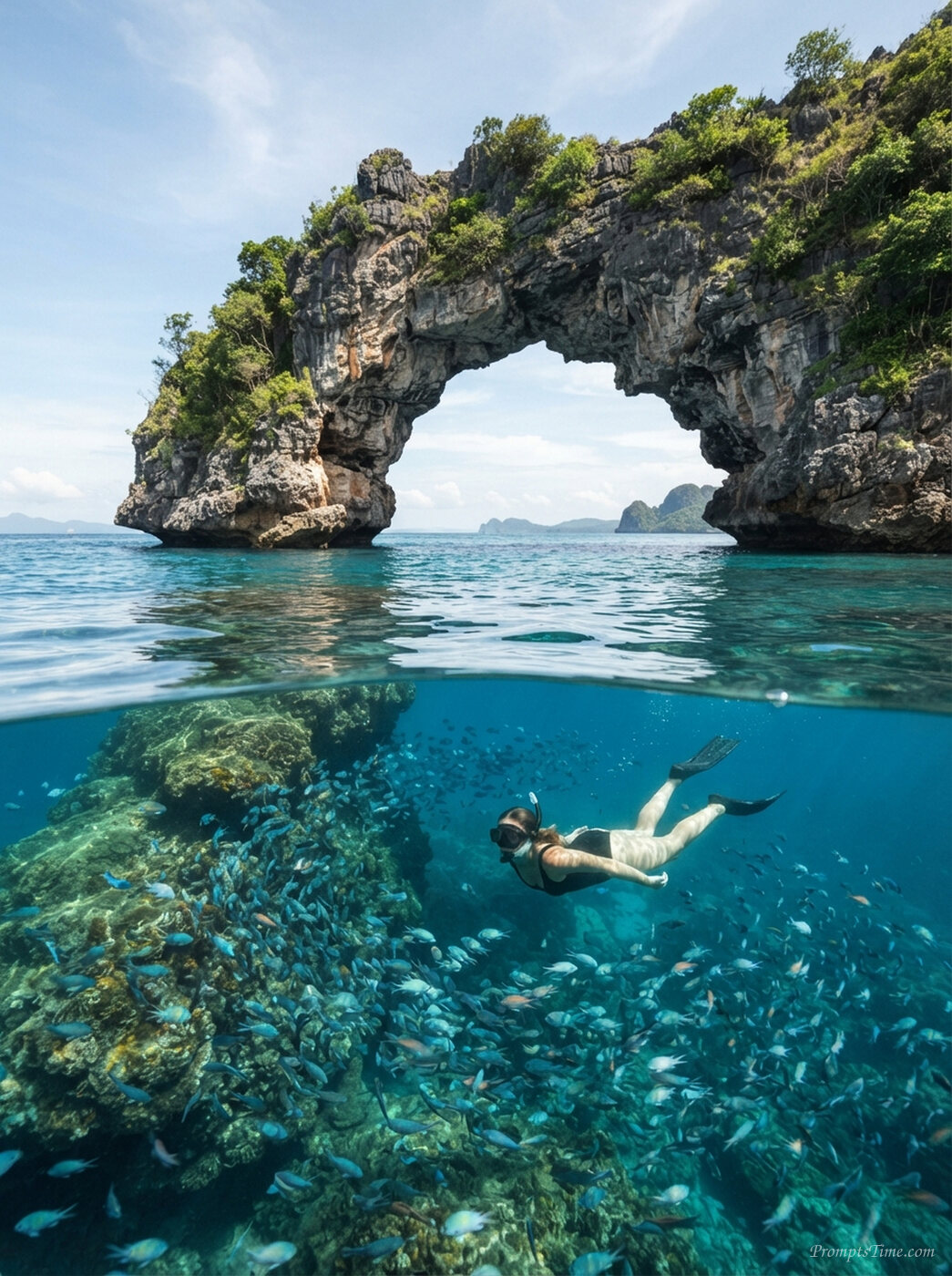 Snorkeler viewing tropical fish … — AI-generated images image