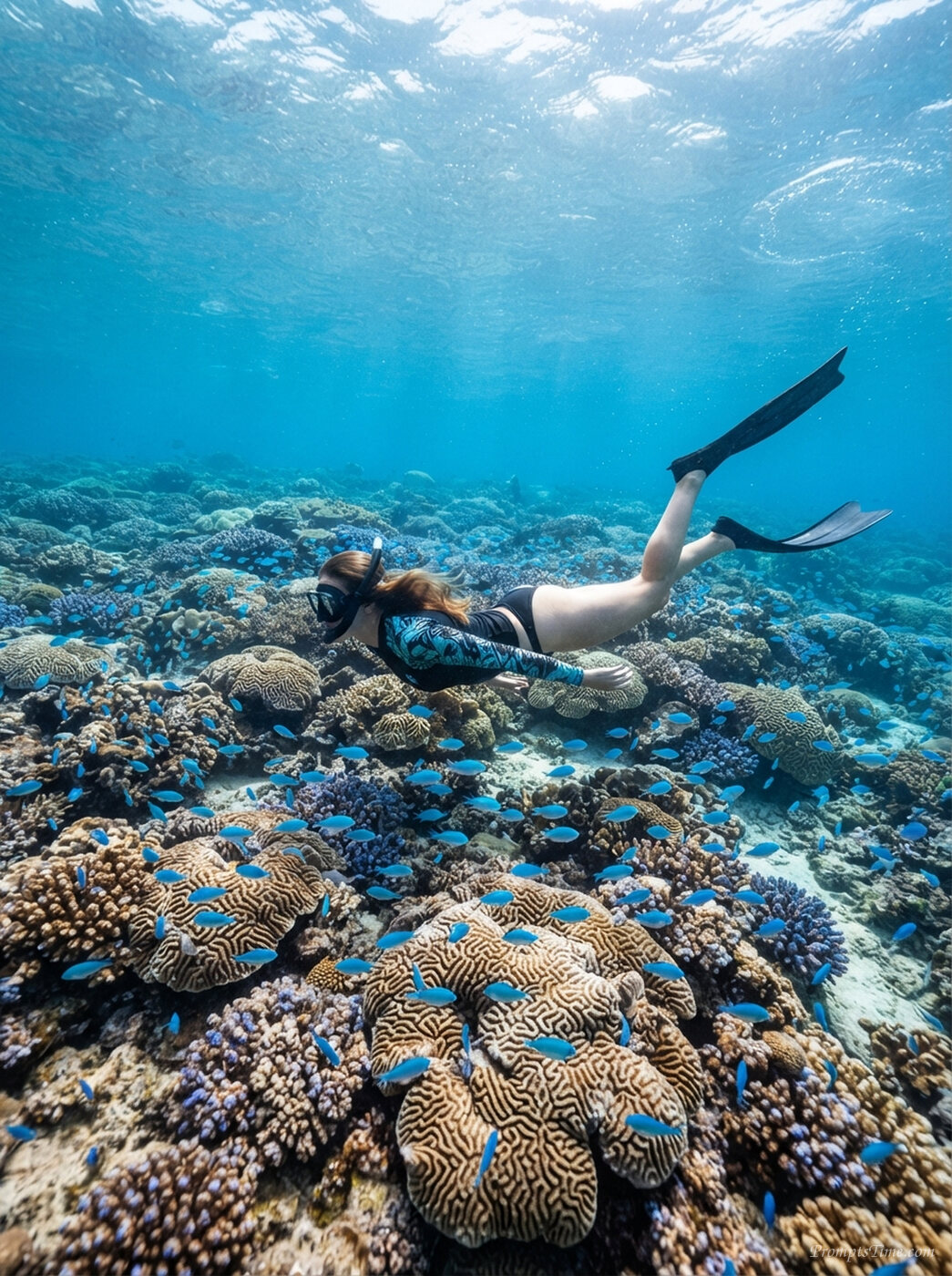 Woman snorkeling over coral reefs — AI-generated images image