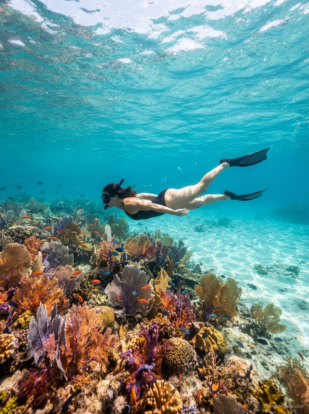 Swimmer gliding over coral reef — AI-generated images image