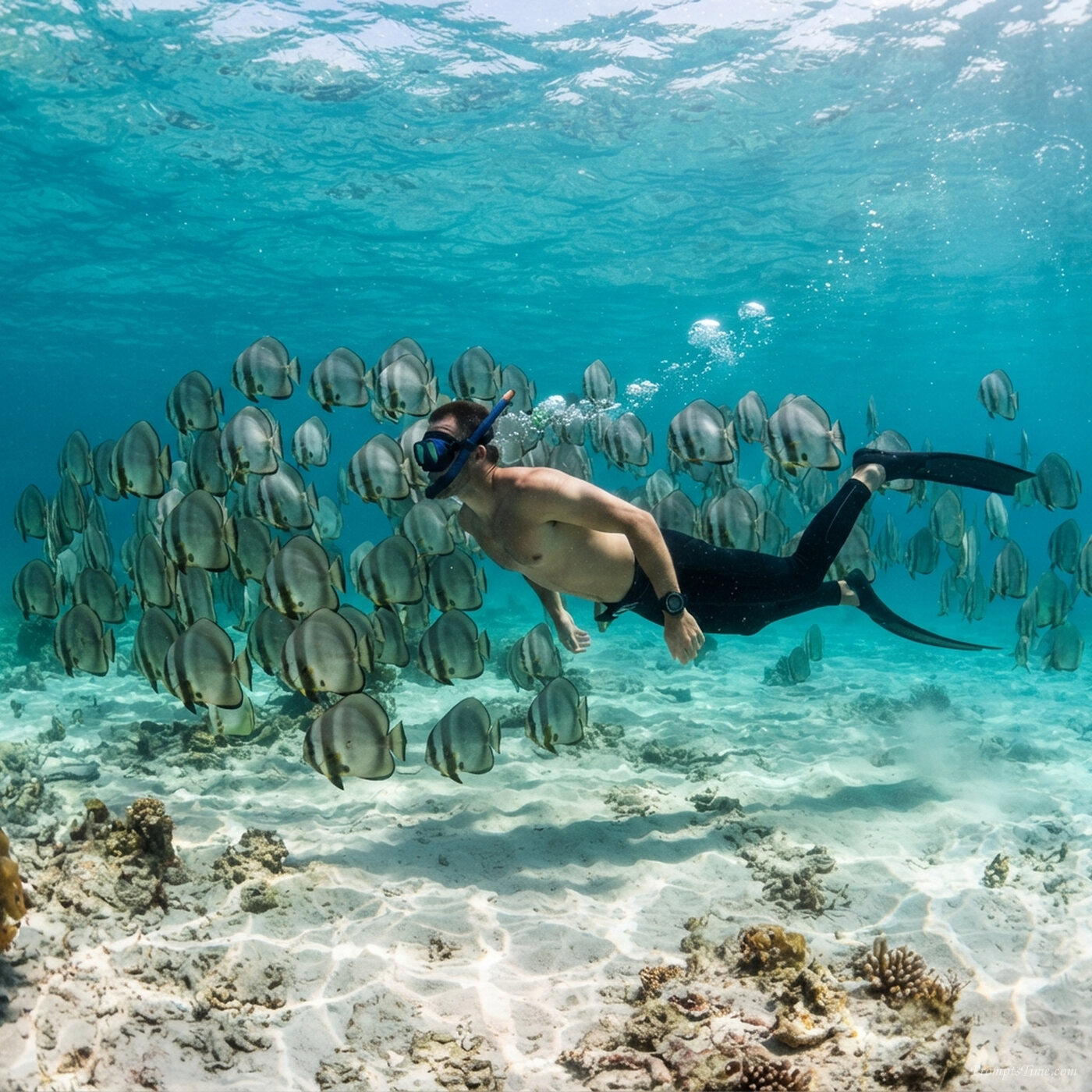 Man swimming with batfish — AI-generated images image