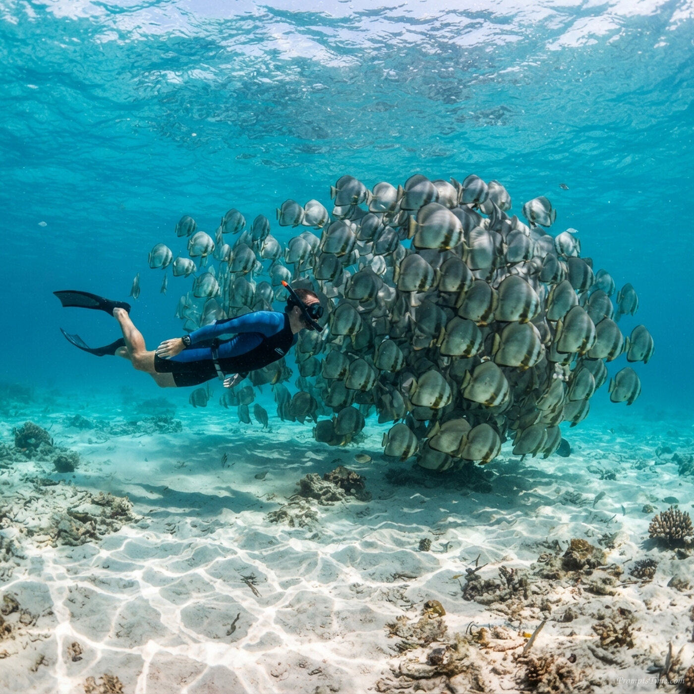 Man swimming with batfish 2 — AI-generated images image
