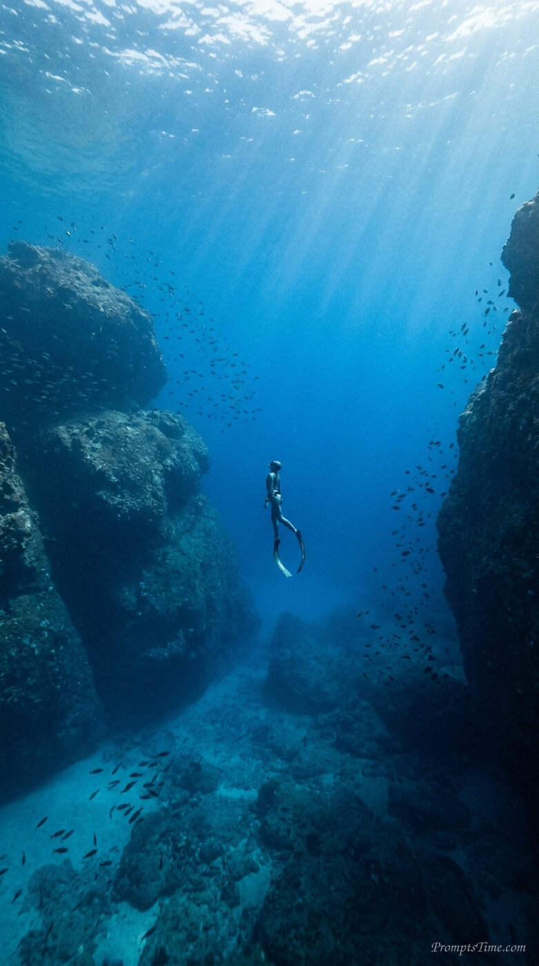 Free diver descending toward oce… — AI-generated images image