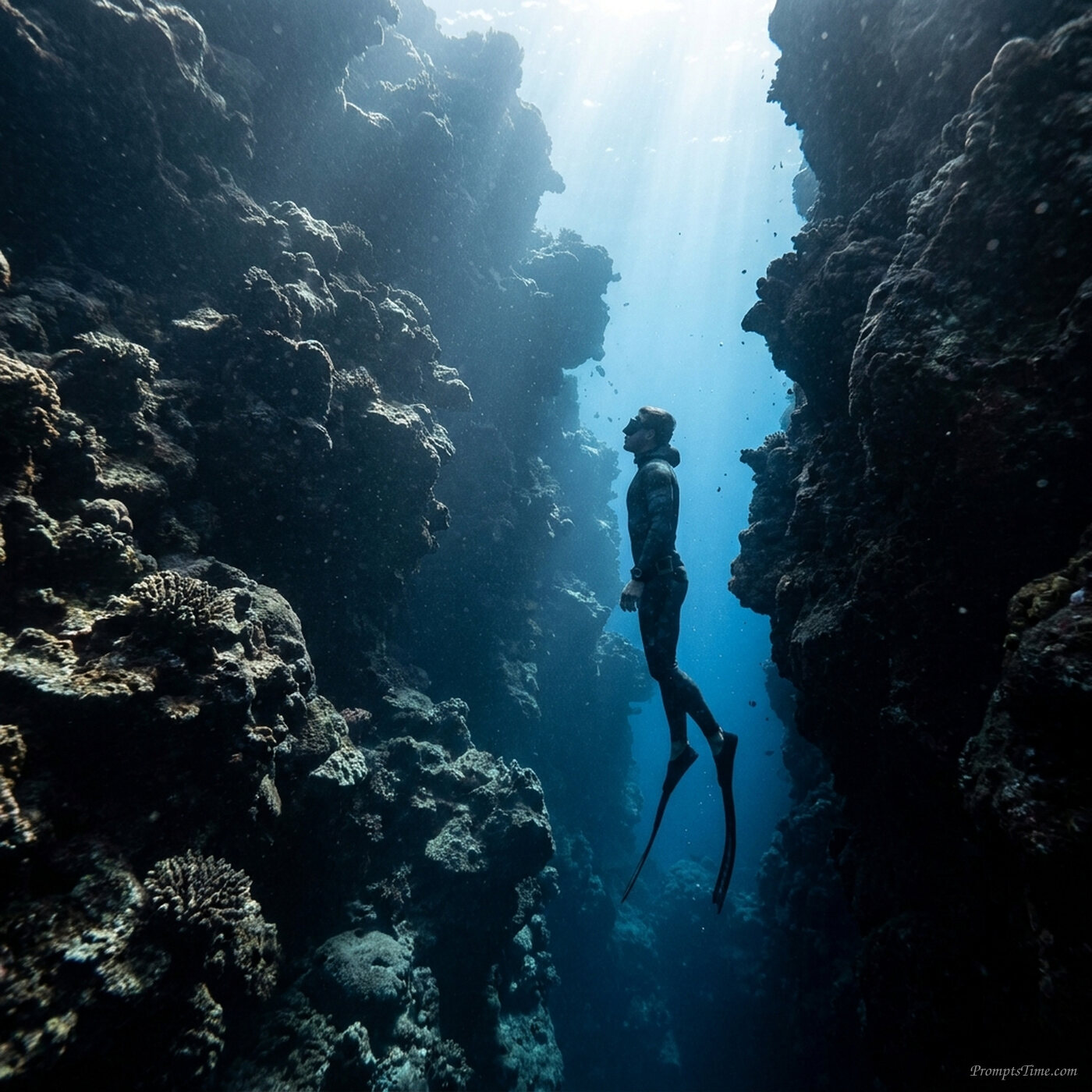 Man free diving through coral wall — AI-generated images image