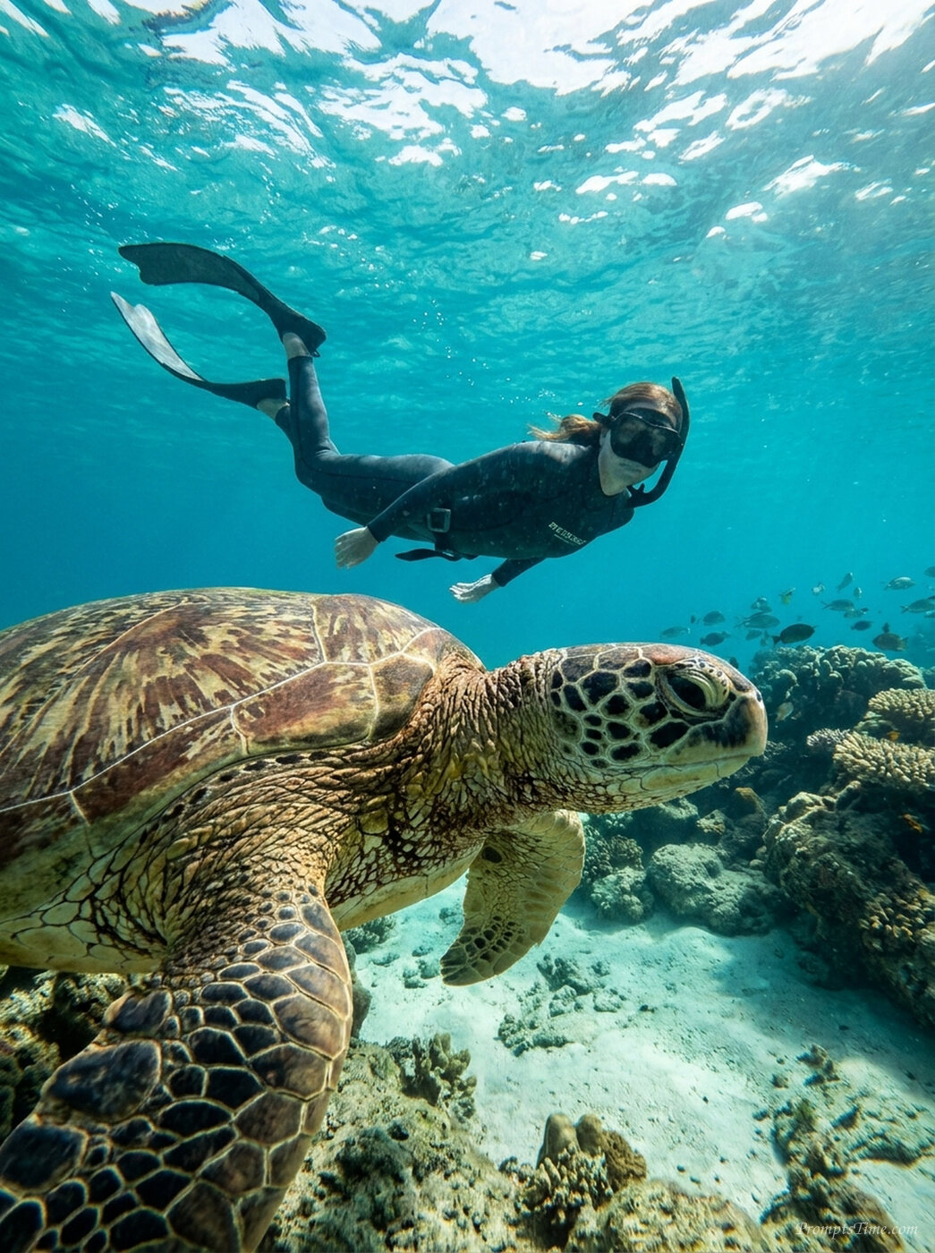 Man free diving with sea turtle — AI-generated images image