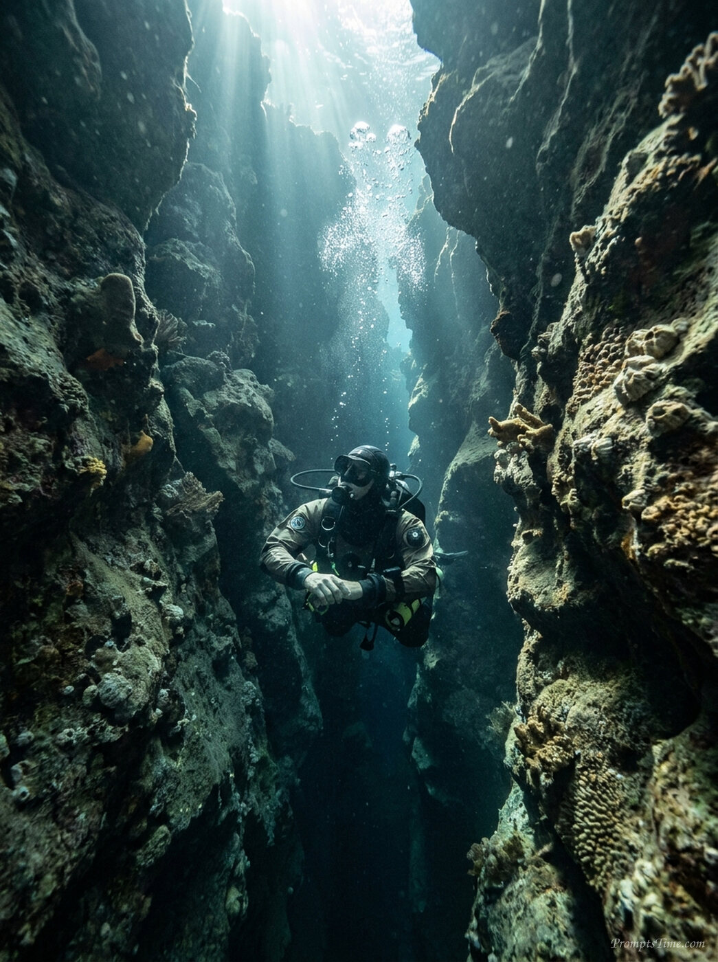 Man scuba diving through fissure — AI-generated images image