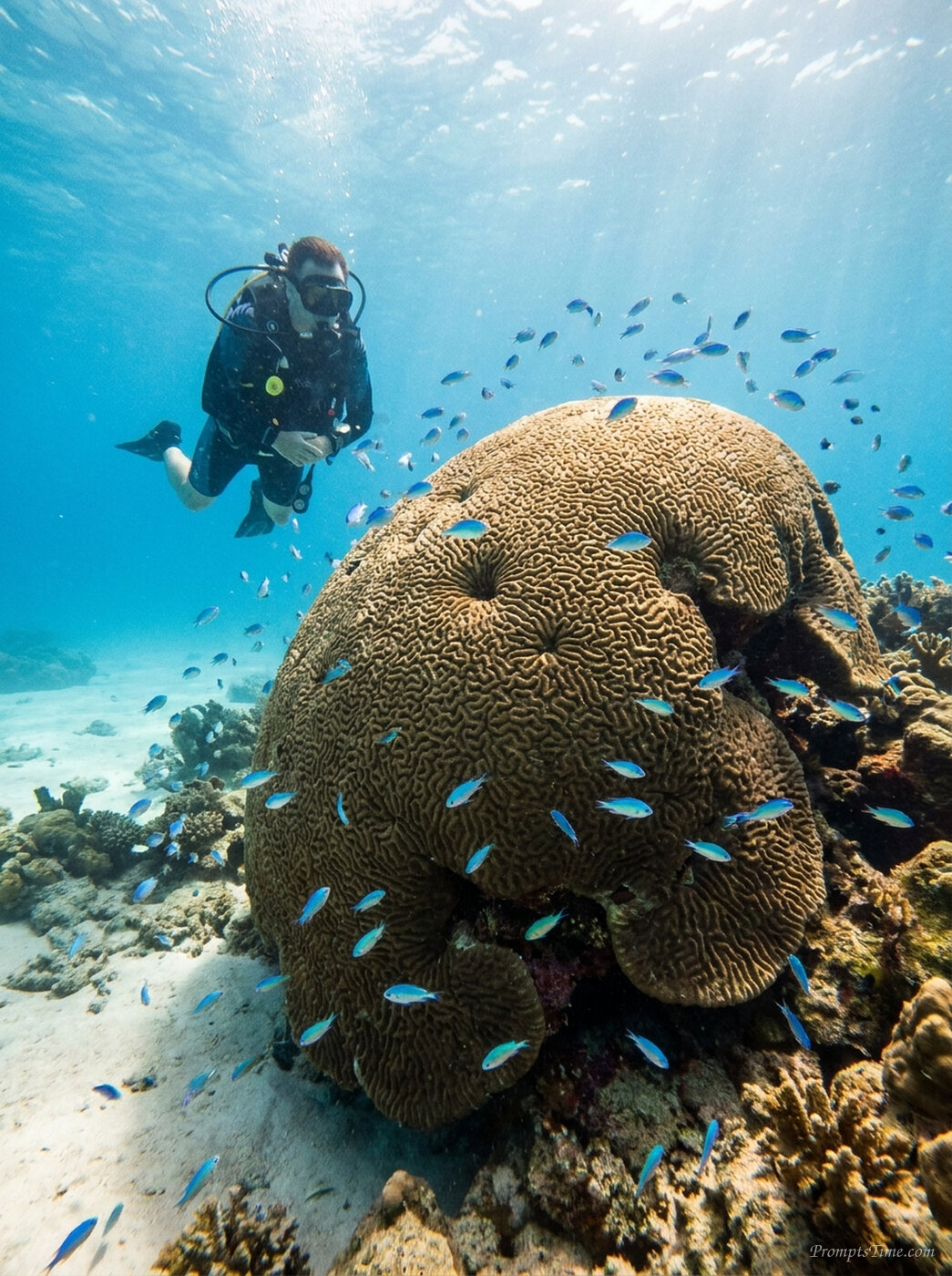 Scuba diver observing brain coral — AI-generated images image