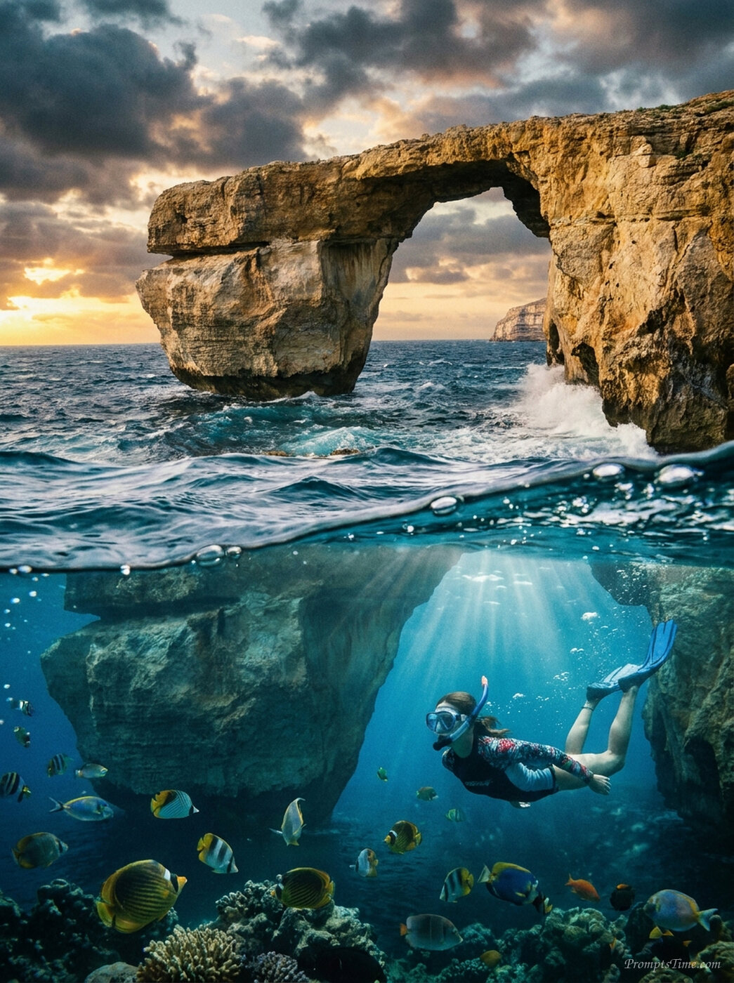 Snorkeler viewing fish underwater — AI-generated images image