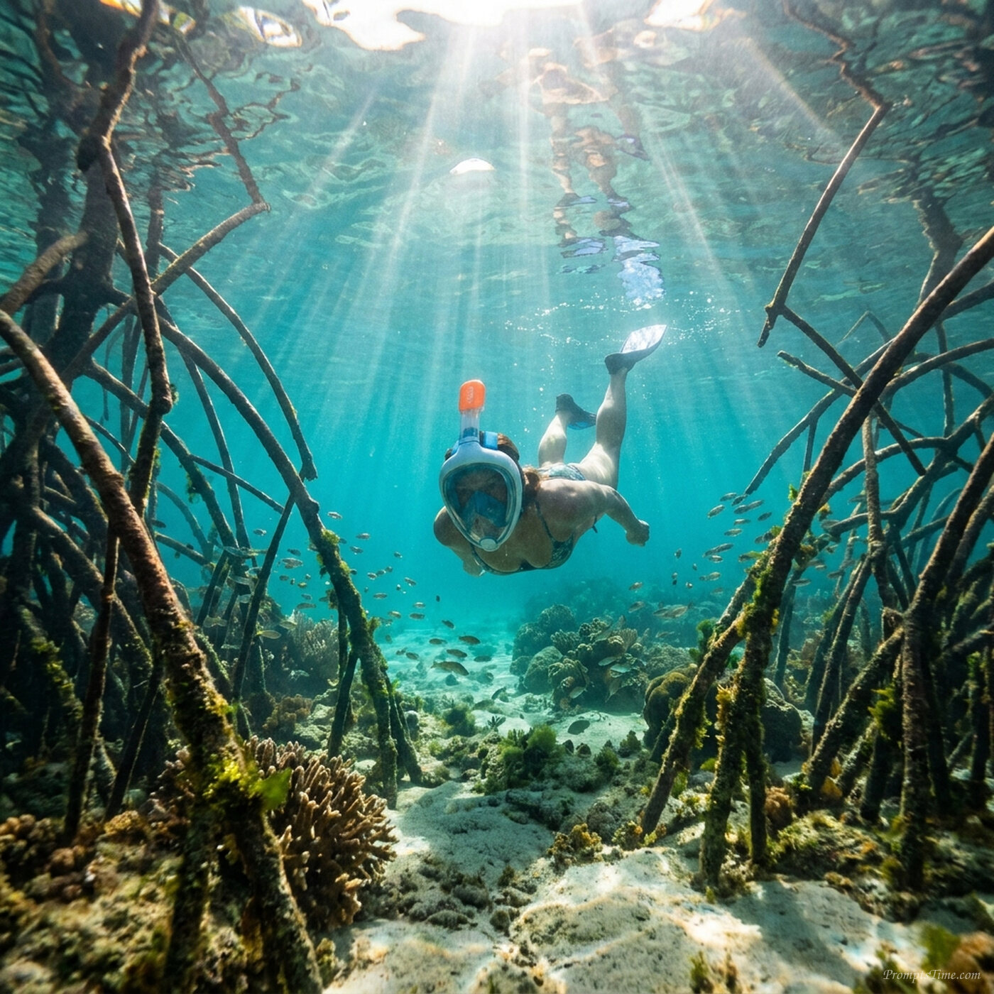 Woman snorkeling in mangrove lagoon — AI-generated images image