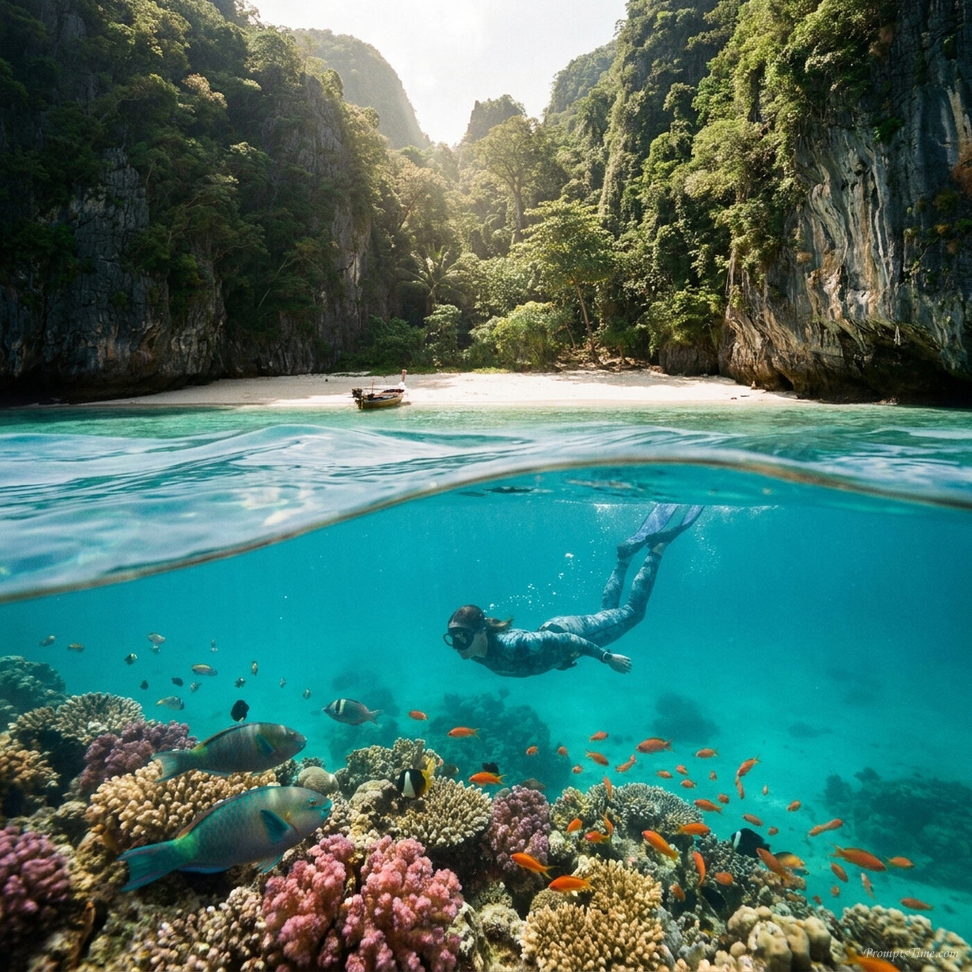 Swimmer exploring coral underwater — AI-generated images image