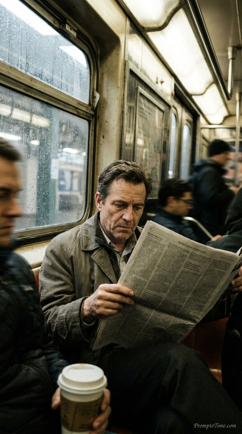 Commuter reading newspaper on train — AI-generated images image