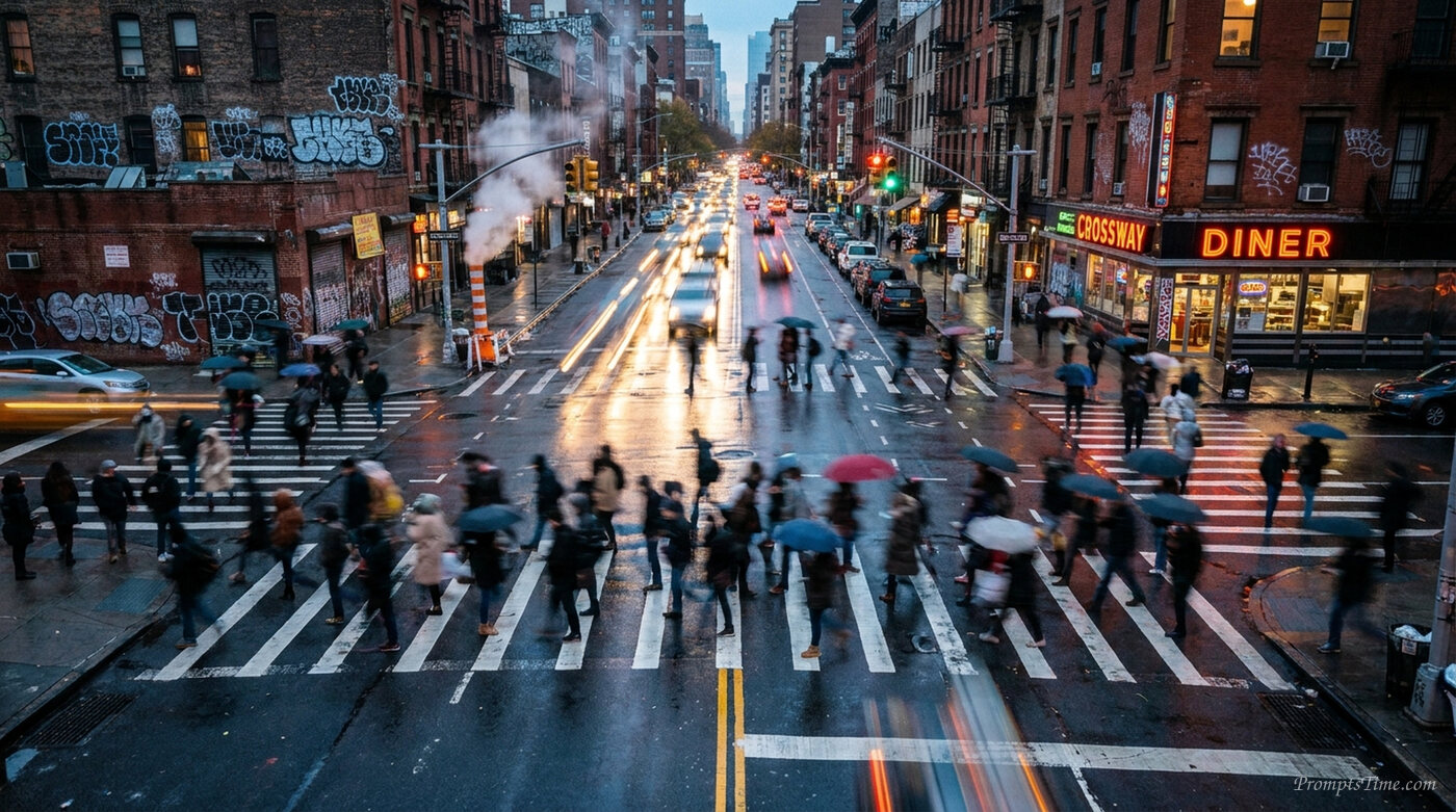 Crowded pedestrian crossing at dusk — AI-generated images image