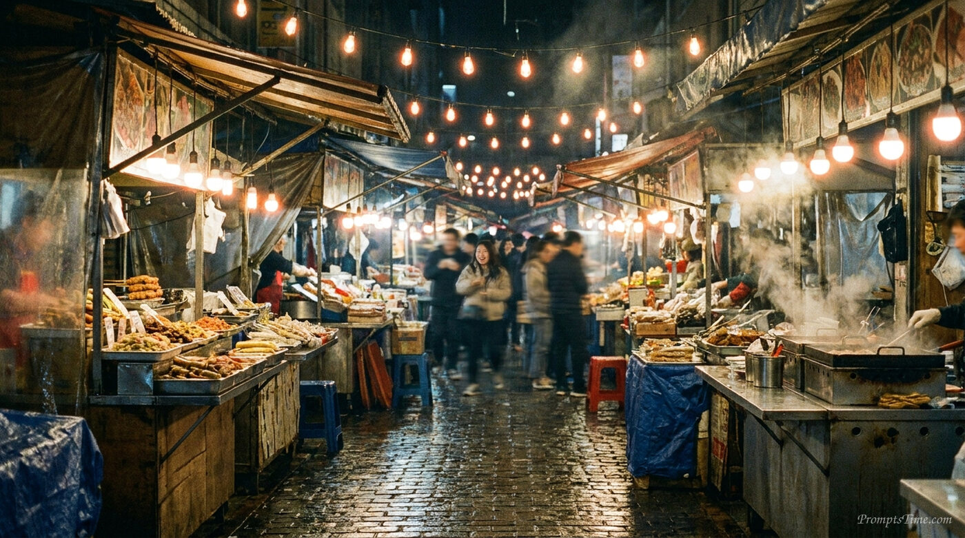 Night market stalls glowing lights — AI-generated images image
