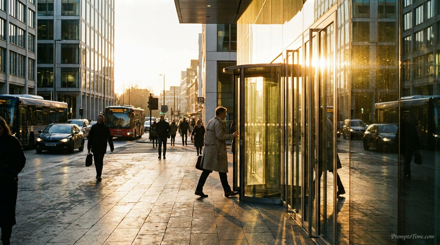 Person stepping out office building — AI-generated images image