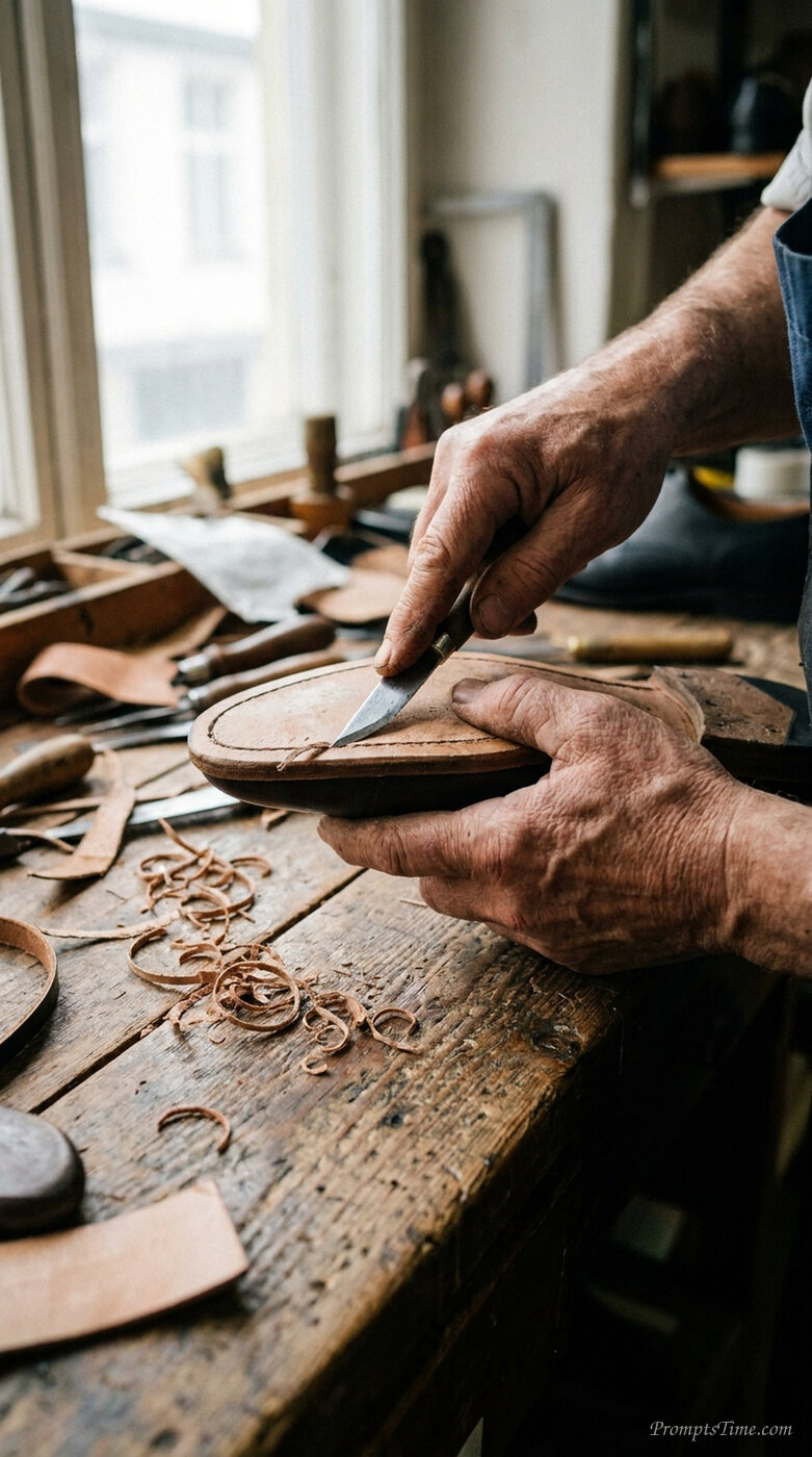Cobbler trimming leather shoe sole — AI-generated images image