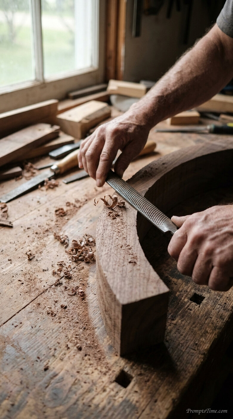 Hands using wood rasp timber — AI-generated images image