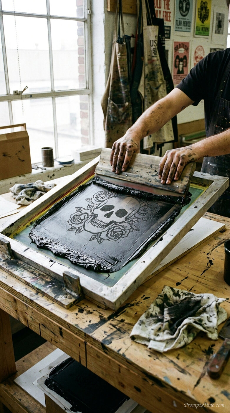 Printmaker pulling squeegee acro… — AI-generated images image