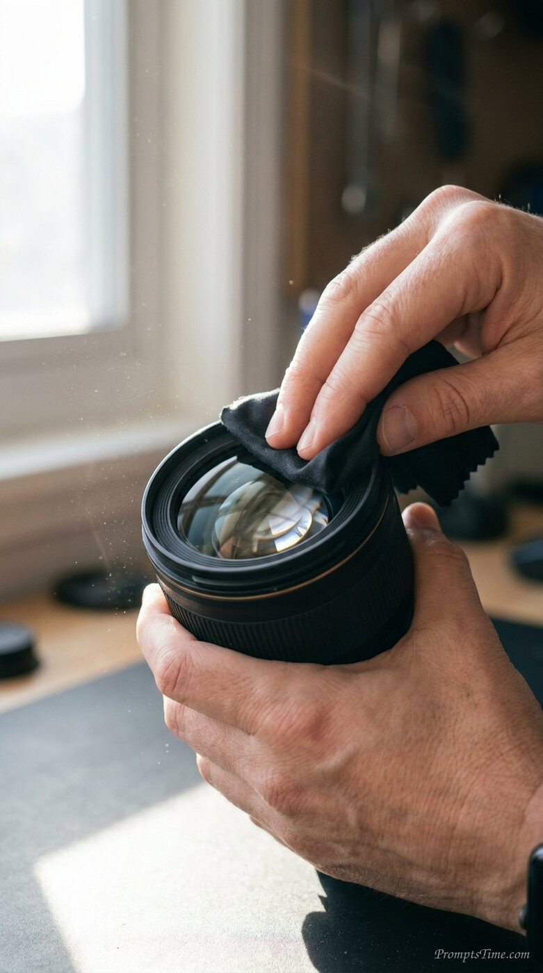 Hands cleaning camera lens — AI-generated images image