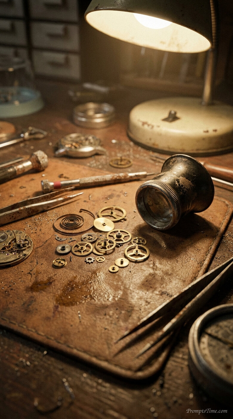 Watchmaker repairing gears on bench — AI-generated images image