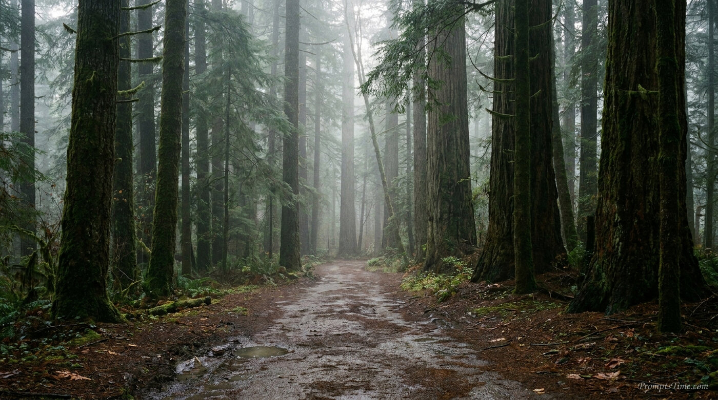 Winding path through foggy forest — AI-generated images image