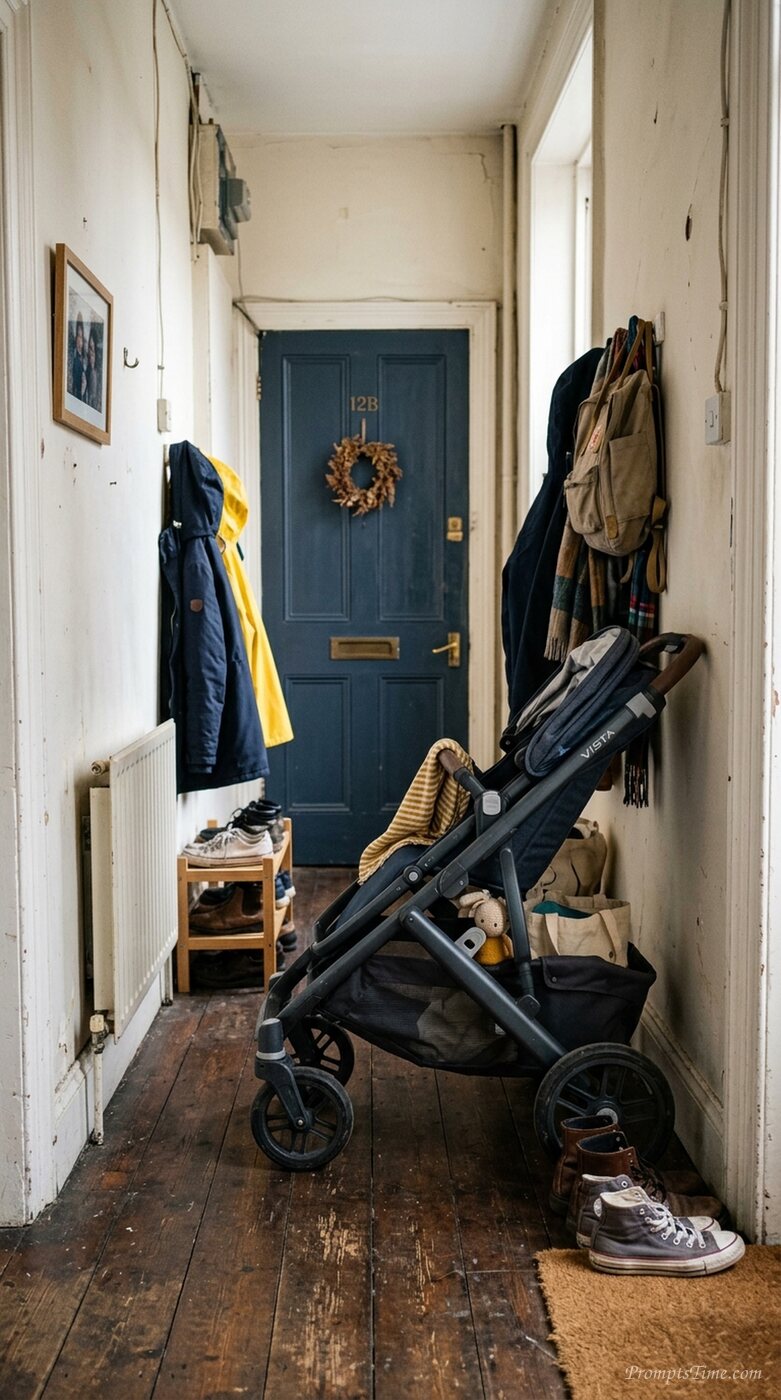Pram parked in narrow hallway — AI-generated images image