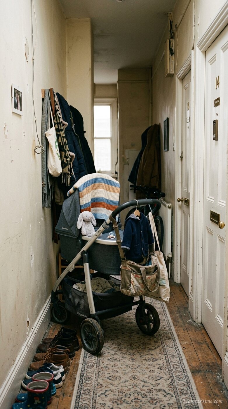 Pram parked in narrow hallway 2 — AI-generated images image