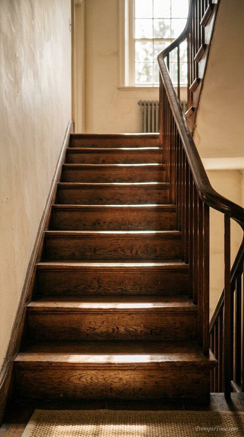 Light streaming on wooden staircase — AI-generated images image