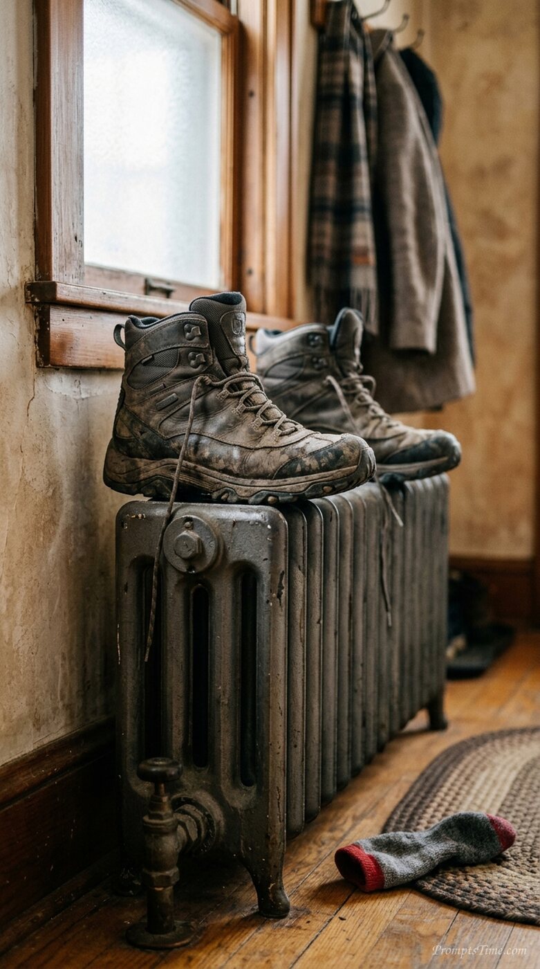 Snow boots drying by radiator — AI-generated images image