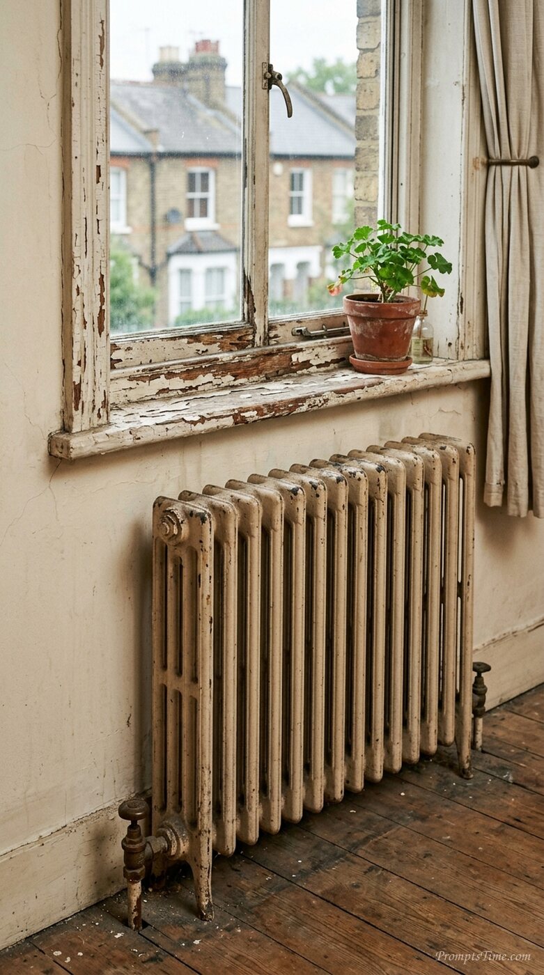 Metal radiator beneath window — AI-generated images image