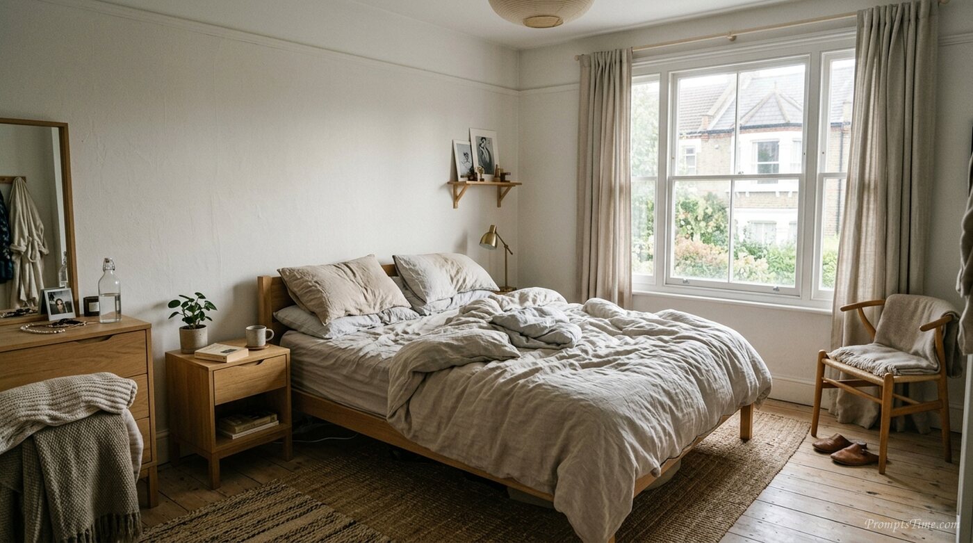 Scandinavian bedroom with rumple… — AI-generated images image