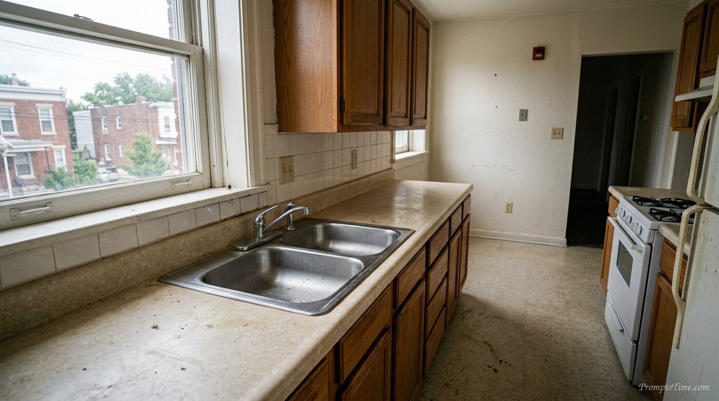 Kitchen counter in empty apartment — AI-generated images image