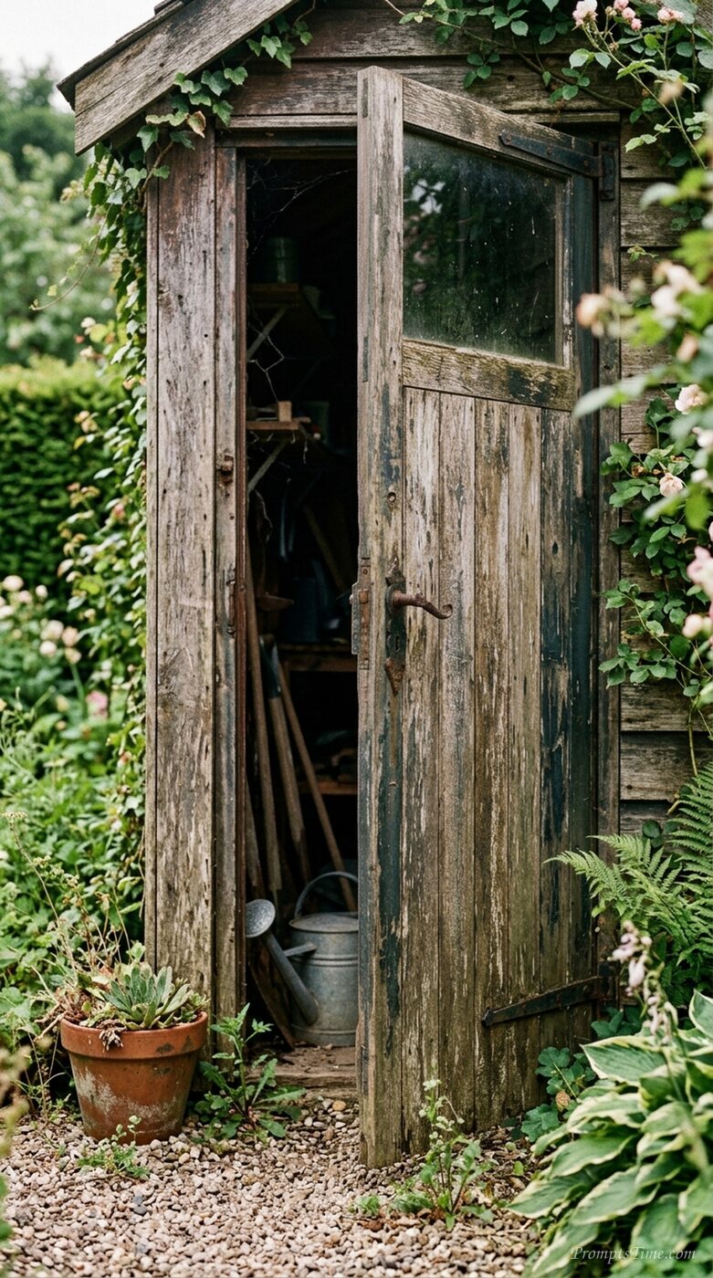 Wooden garden shed door ajar — AI-generated images image