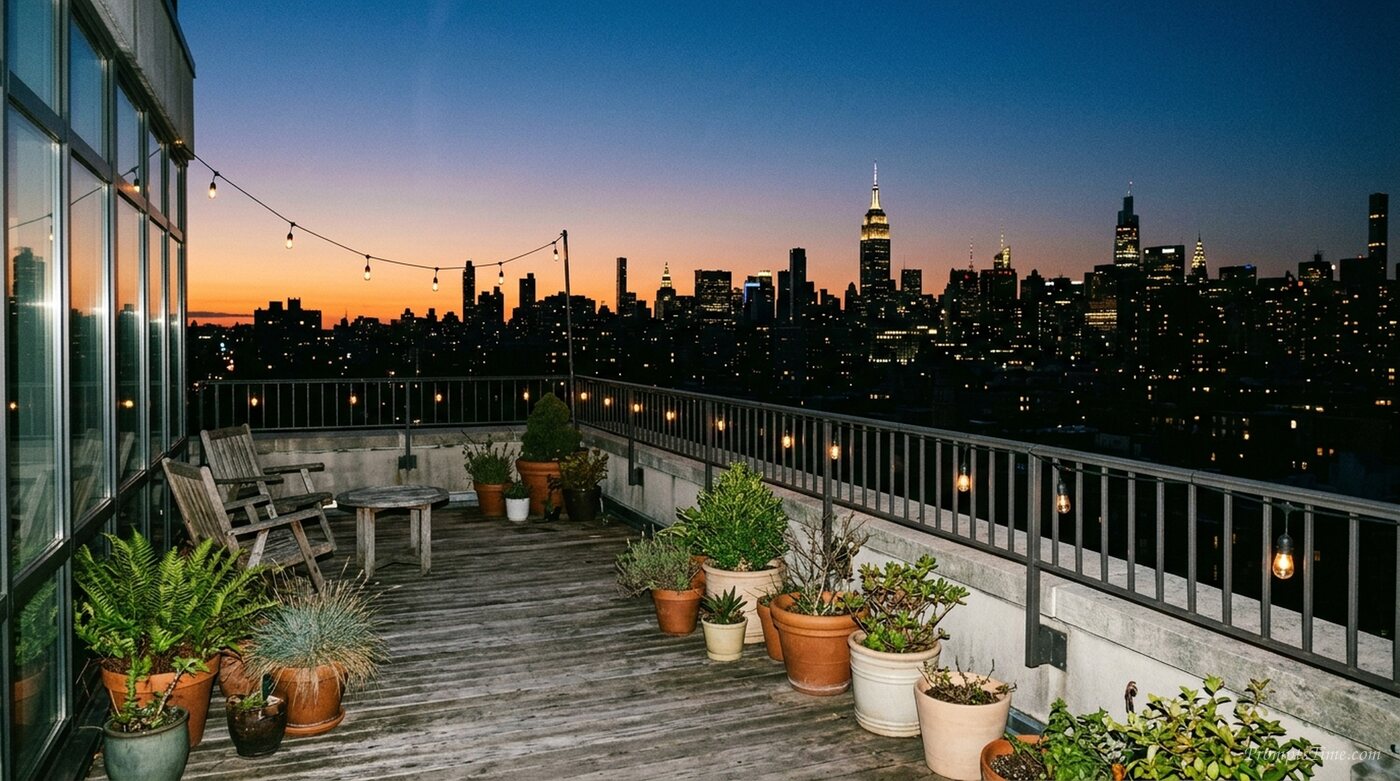 Empty rooftop terrace at dusk — AI-generated images image