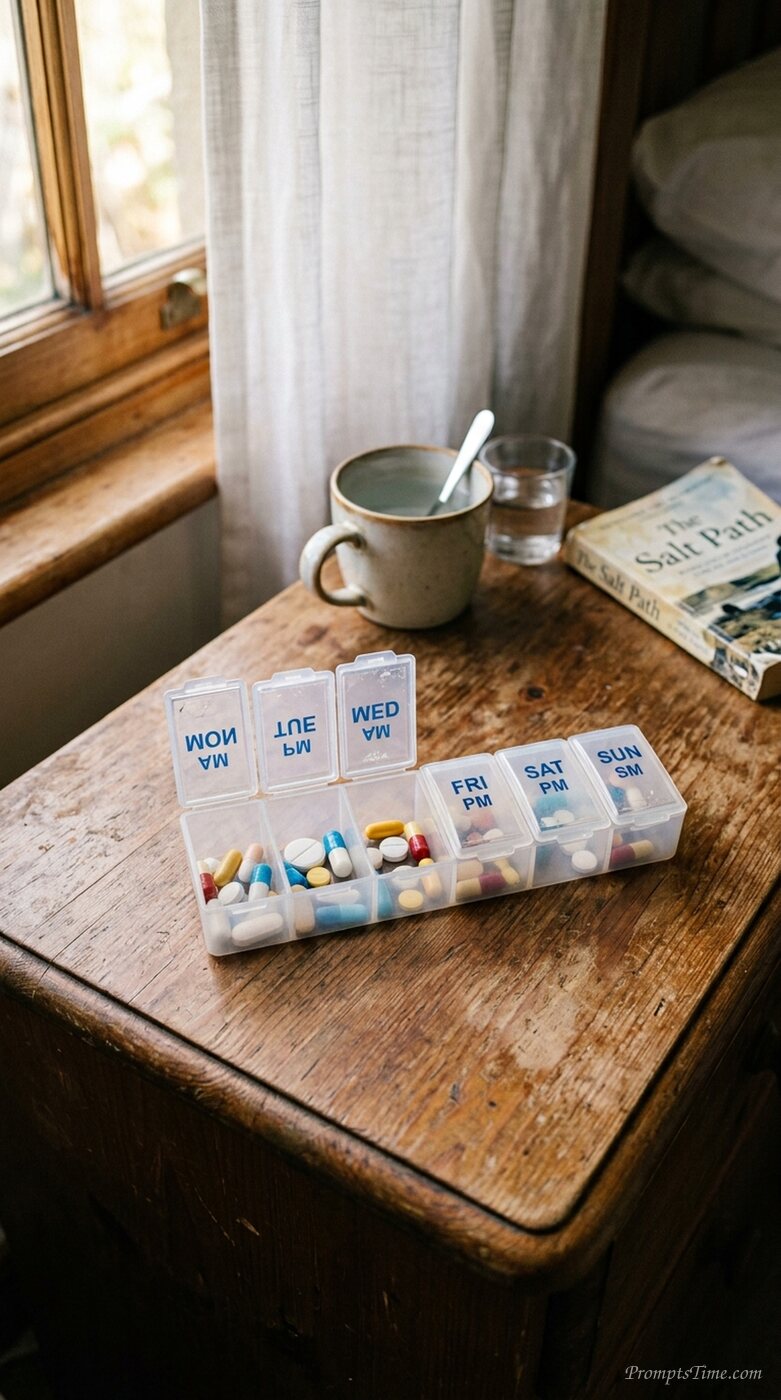 Plastic pill organiser on table — AI-generated images image