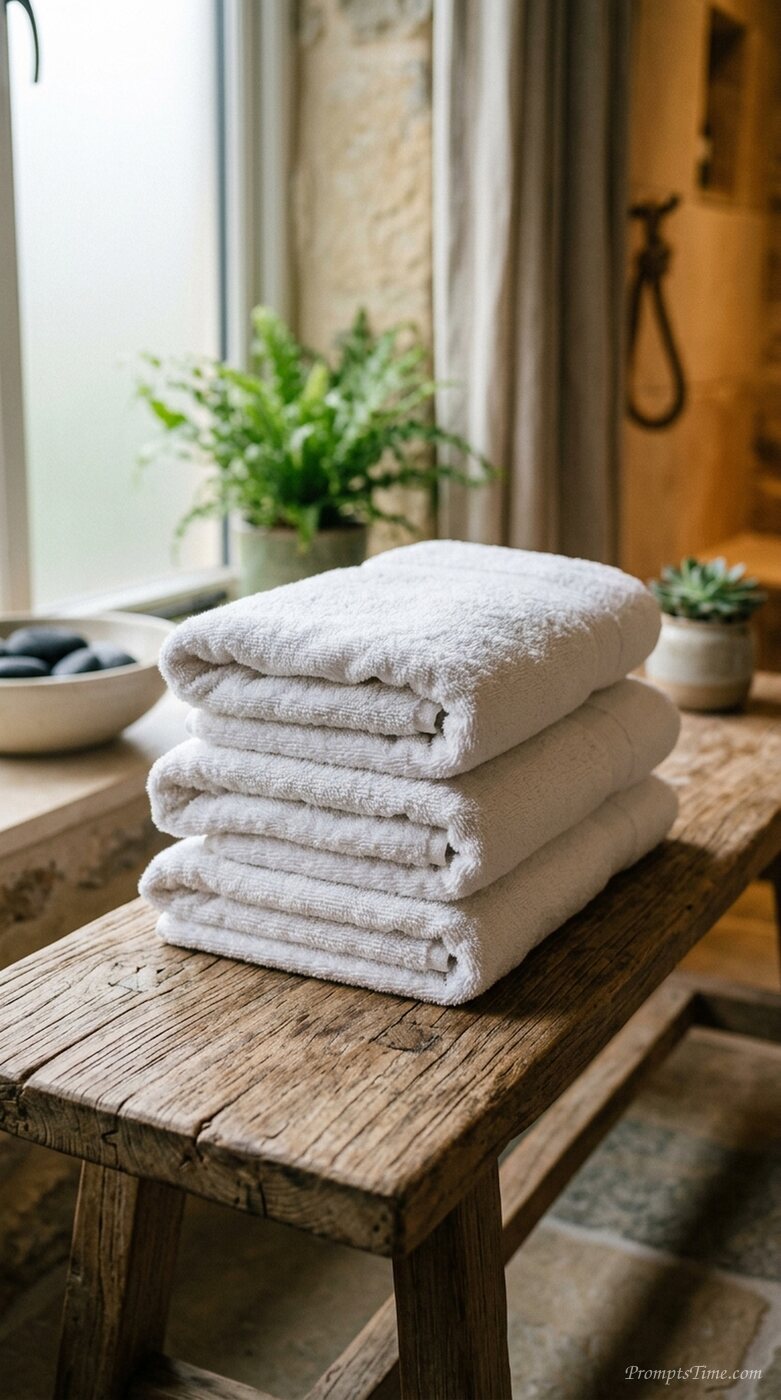 Towels folded on wooden bench — AI-generated images image